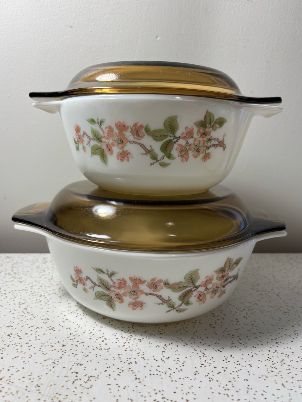 2 pc Vintage England Pyrex “cherry blossom” casseroles & smoke brown glass lids